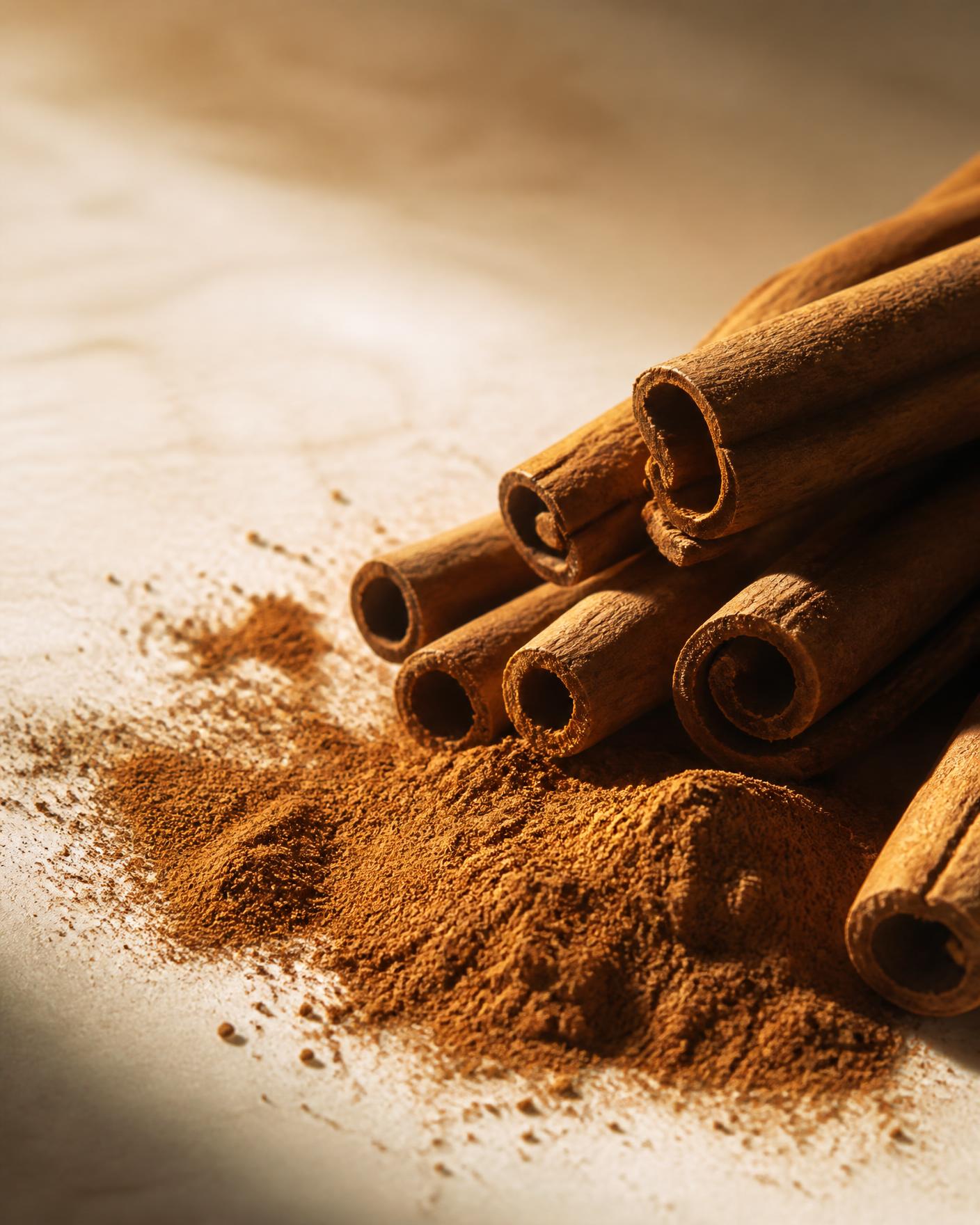 Macro photograph of cinnamon bark and freshly milled cinnamon powder